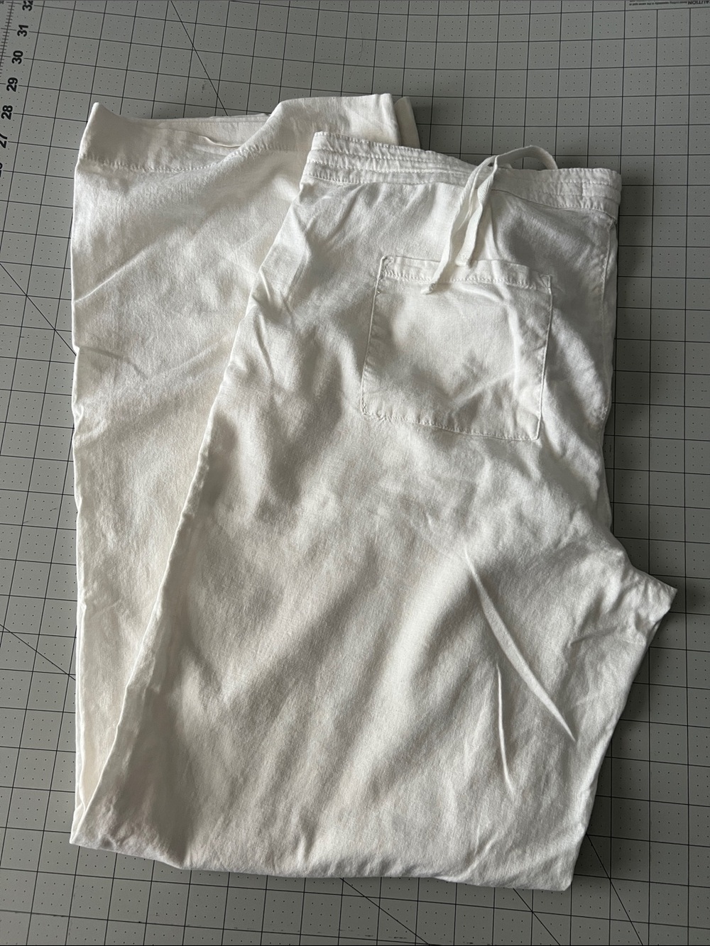 White Wide Leg Drawstring Linen Blend Pants in Tall